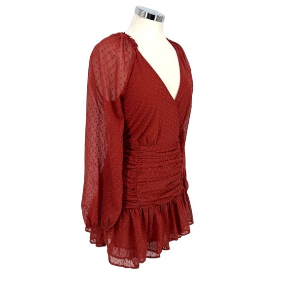 Floret Studios Polka Dot Ruffle Ruched V-Neck Mini Dress Marsala Red Size Small - Picture 5 of 11